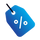 A blue price tag icon with a percentage symbol, shown on a plain white background.