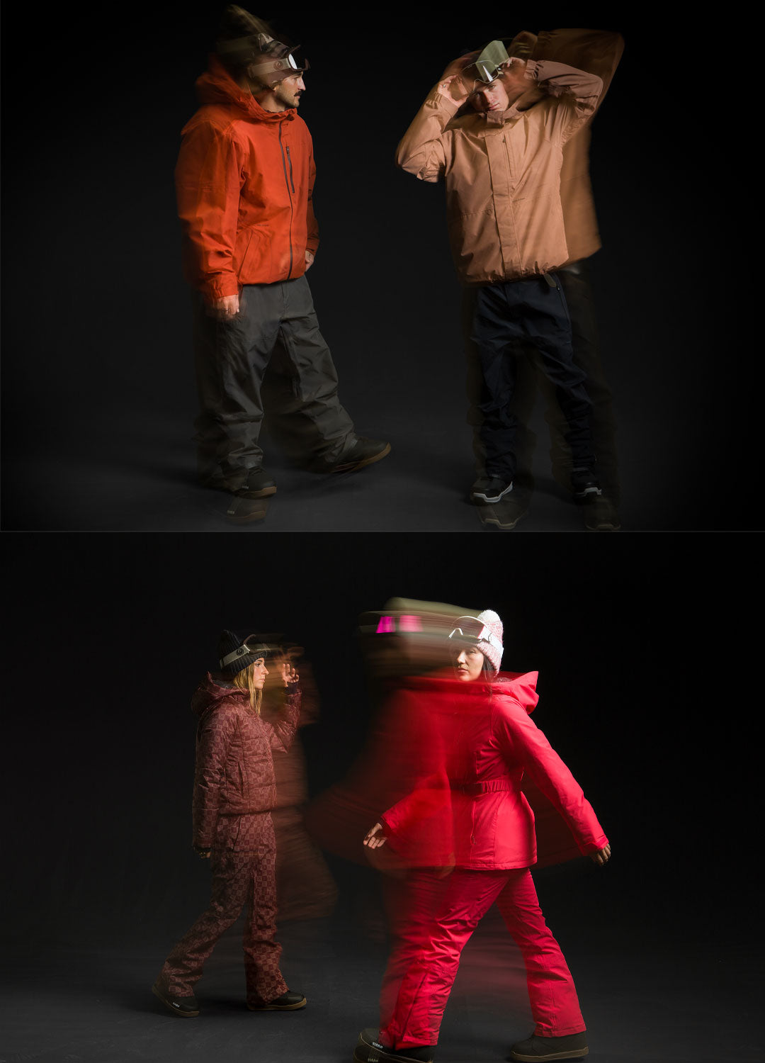A two-panel studio photograph showing models wearing winter jackets and snow pants against a black background. The top panel shows two models standing, one in an orange jacket and the other in a tan jacket.