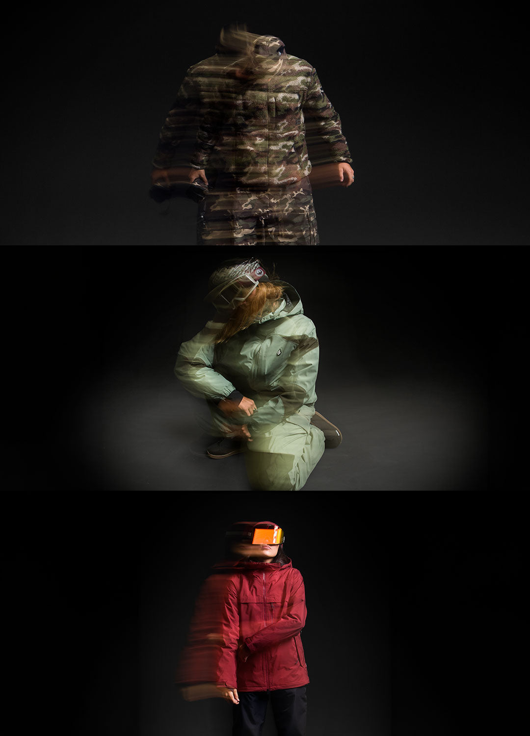 Three stacked studio photos on a black background showing different camouflage outerwear looks: a hooded camouflage jacket at the top, a person in a light green camouflage hooded garment crouching in the middle, and a person in a red camouflage hooded jacket standing at the bottom.