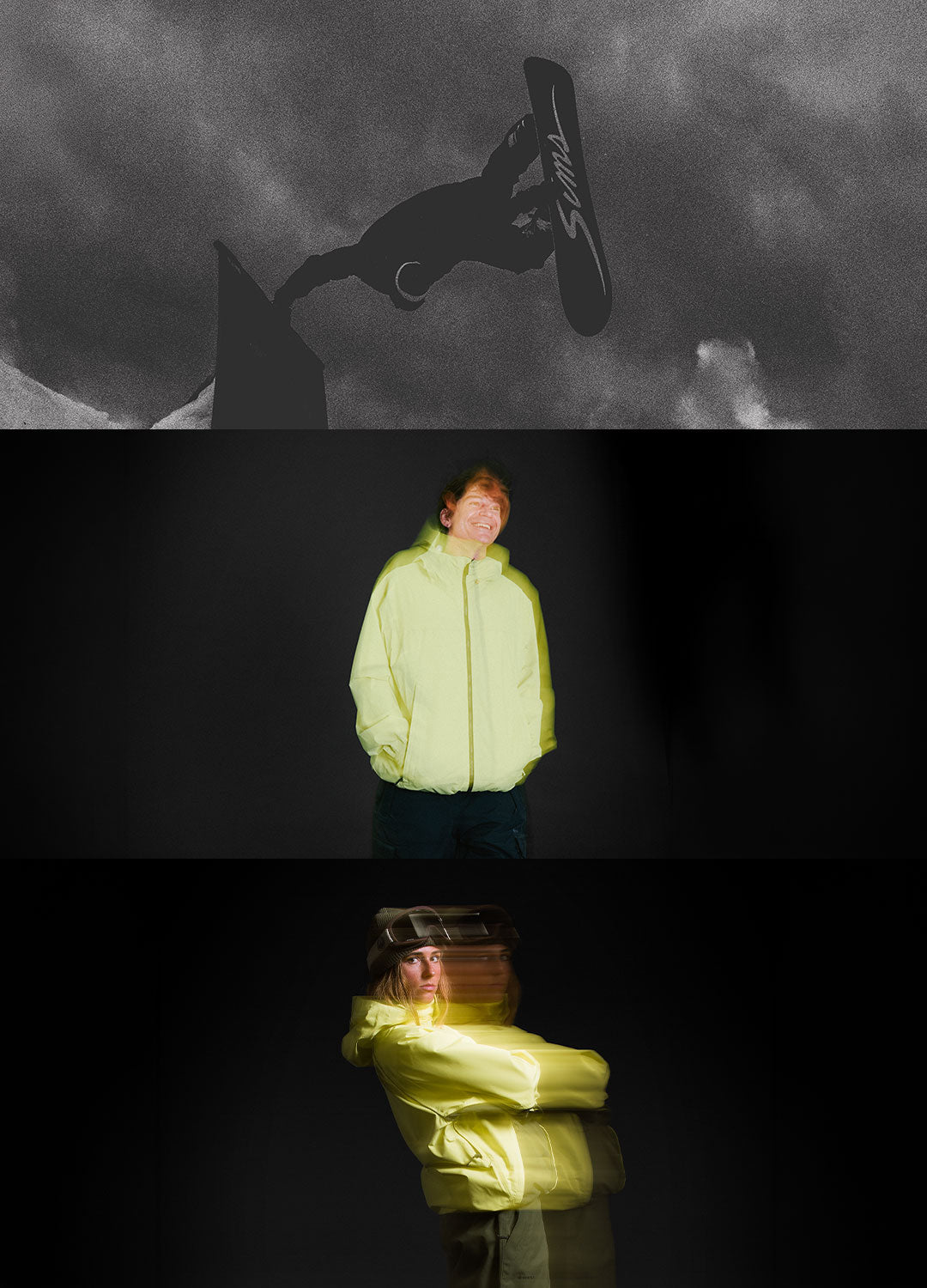 A three-panel collage showcasing a bright neon yellow-green hooded jacket in the middle and bottom panels. The top panel shows a black-and-white action shot of a snowboarder mid-jump with the jacket visible.