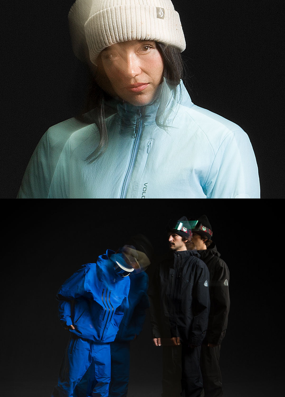 A split-screen fashion photograph showcasing Volcom outdoor apparel. The top half features a model wearing a light blue zip-up jacket and a cream ribbed beanie against a black background.