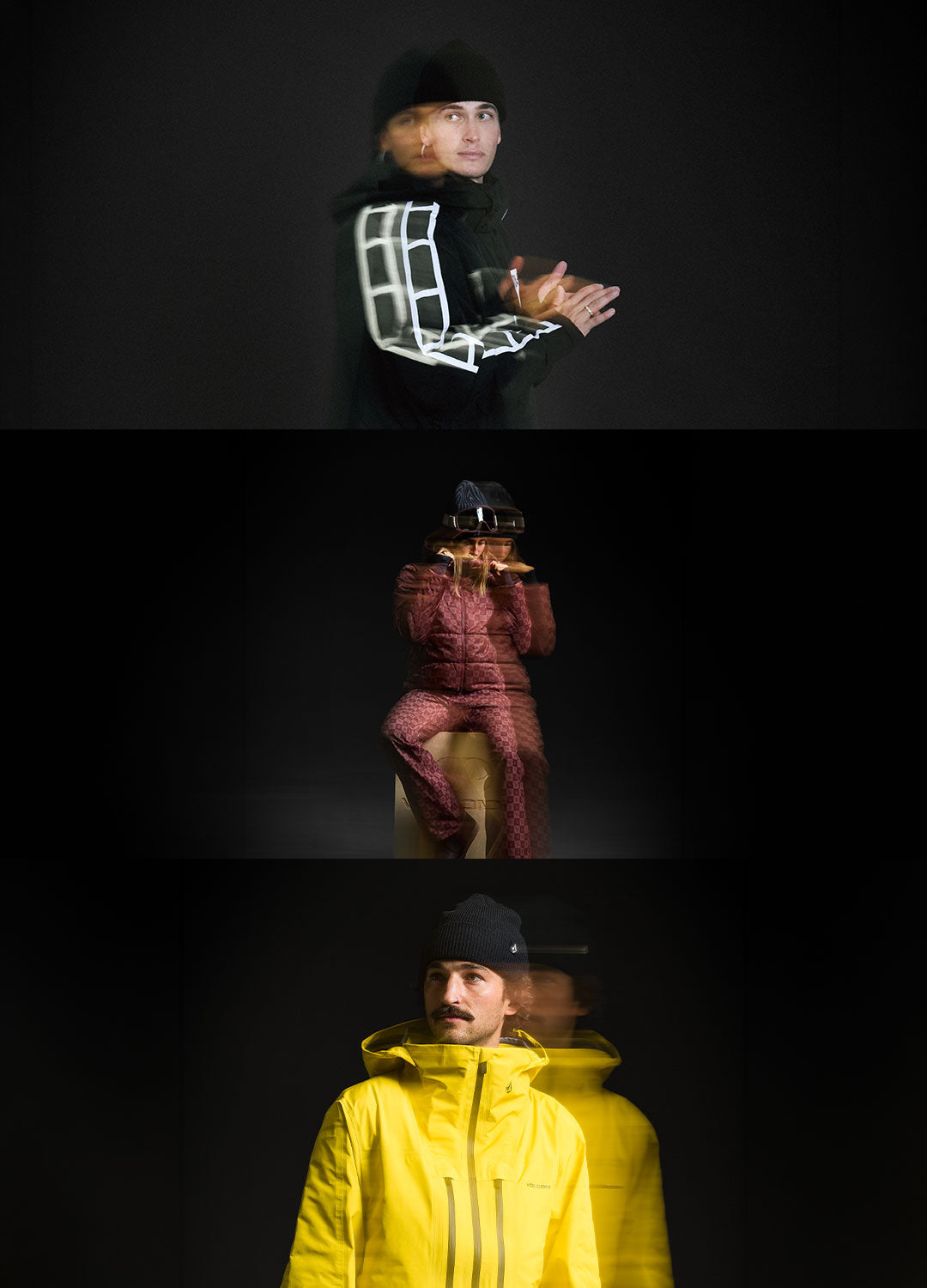 A three-panel collage showing a man modeling different outerwear in a dark studio setting: a black jacket with white reflective-looking sleeve panels, a burgundy patterned ski suit with goggles, and a bright yellow jacket with a motion-blurred duplicate figure behind it.
