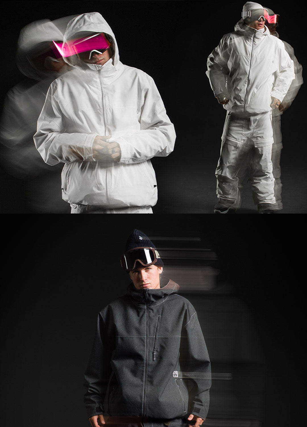 A split-screen fashion photograph showing a model in two different outfits against a dark studio background. The top half shows a model in a white hooded jacket and matching snow pants with bright pink goggles.