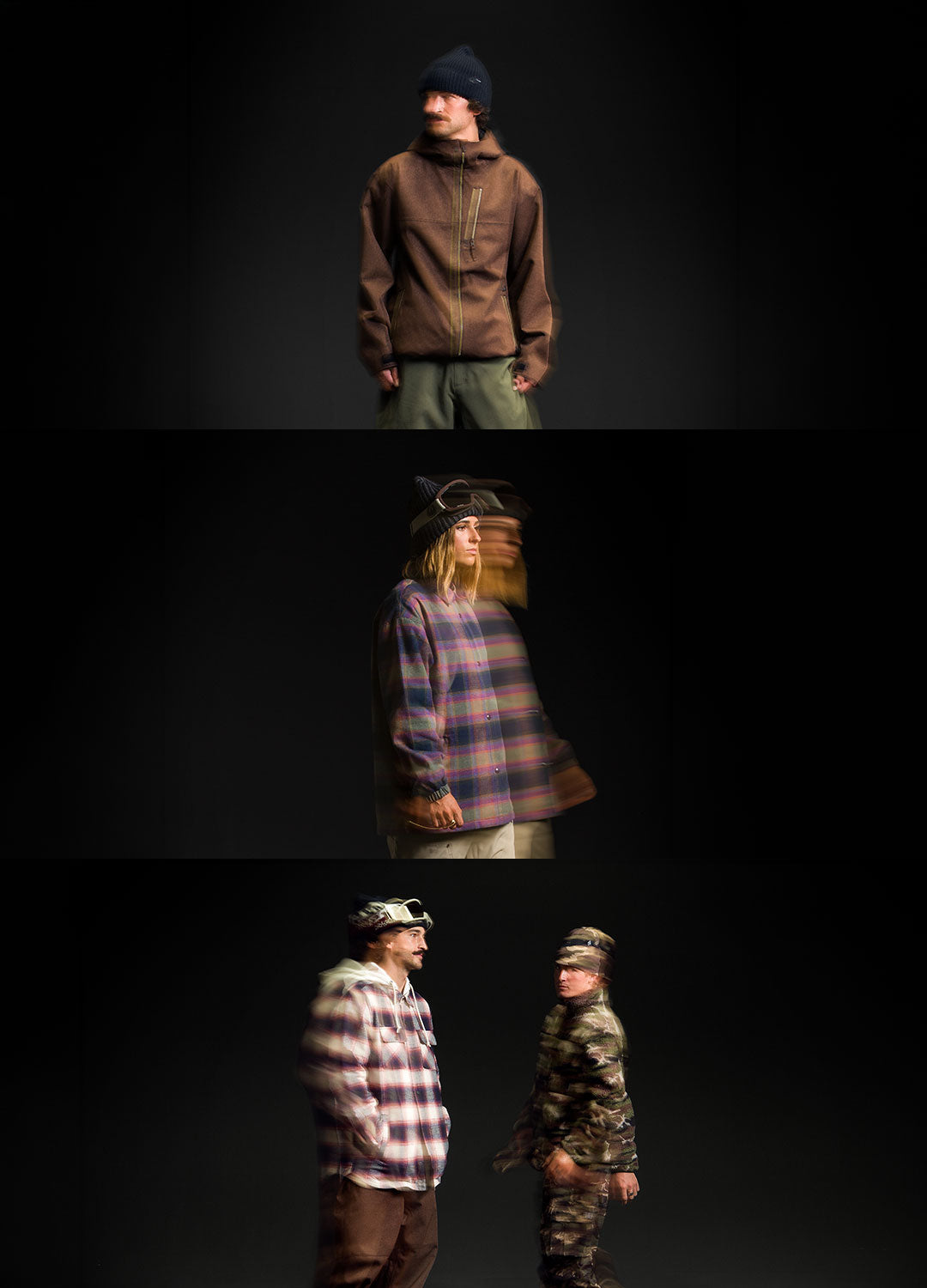 Three stacked studio photos on a black background showing a person modeling different outerwear looks: a brown zip-front top with green pants at the top, a plaid shirt with a face covering in the middle, and a plaid shirt plus camouflage outfit at the bottom.