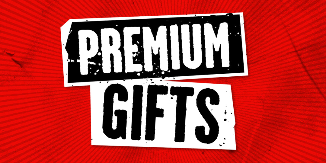 Text 'PREMIUM GIFTS' on a red background
