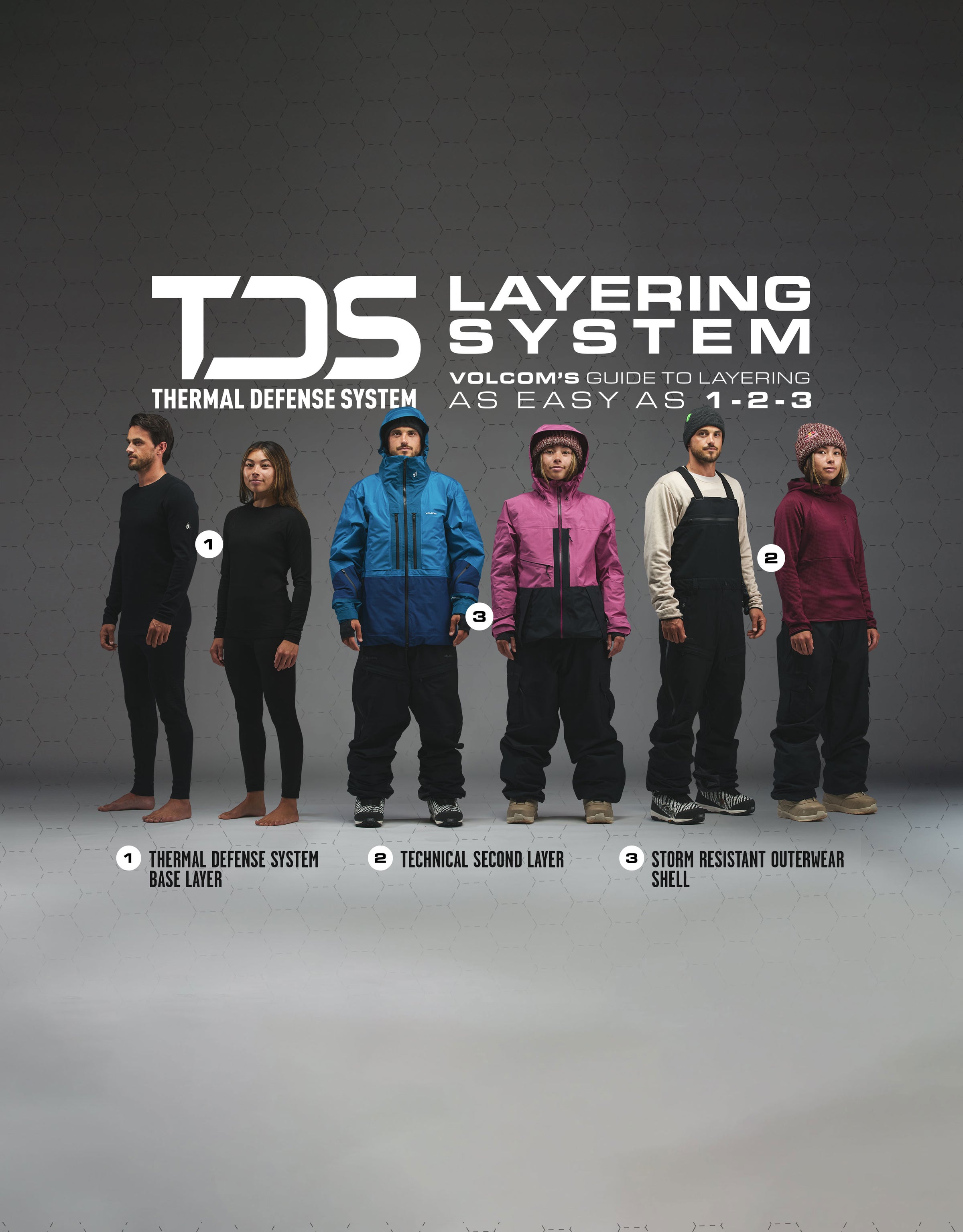 group shot of models wearing 3 layers of TDS. 