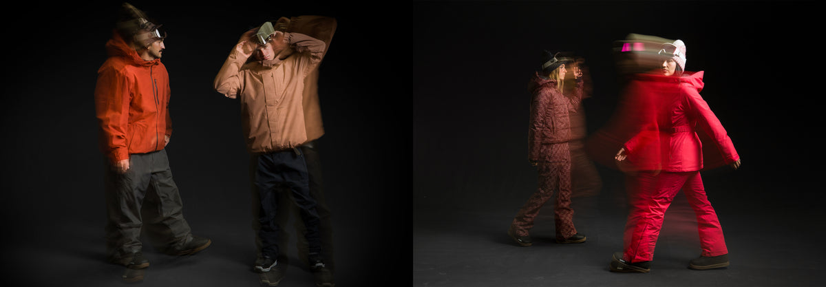 Two side-by-side images of models wearing colorful winter clothing photographed against a dark studio background. The left image's models wear an orange jacket and gray pants and a red jacket and pants, with motion blur visible. The right image's models wear a reddish brown jacket and pants set and a bright red-pink jacket and pants set, with motion blur visible.