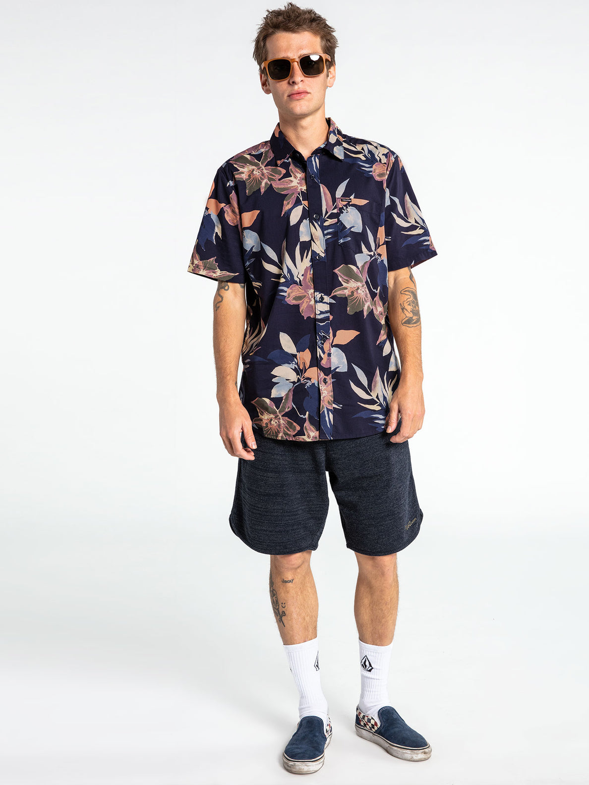 Marble Floral Short Sleeve Shirt - Navy (A0442105_NVY) [1]